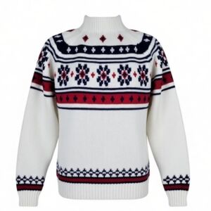 JC Penney Sweater Men M White Navy Red Fair Isle Long Sleeve Vintage 70s 80s Ski